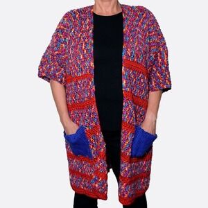 Handmade Chunky Crochet Kimono Cardigan Multicolor Patchwork Plus Size 1X 2X 3X‎